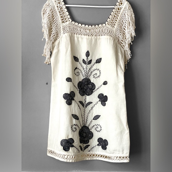 Free People Dresses & Skirts - Free People Cream Mini Dress with Black Floral Embroidery